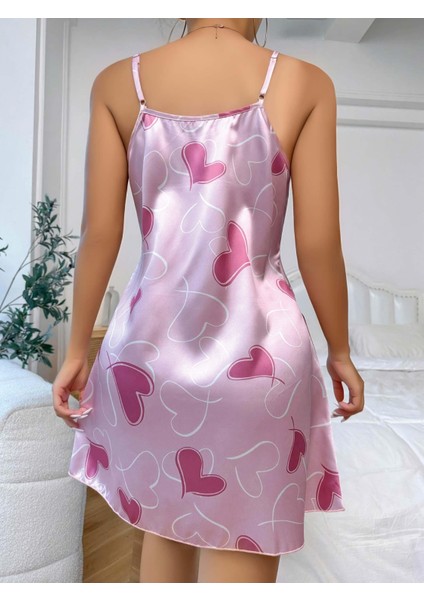Kadın Pembe Saten Askılı Fuşya Kalp Desen Baskılı Gecelik 2217 modelleri