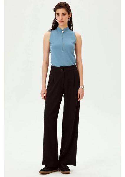 Pileli Düz Kesim Antrasit Örme Pantolon