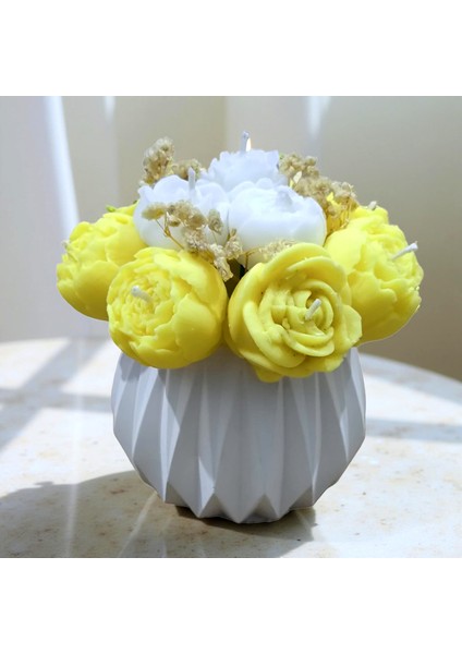 Büyük Boy Sarı–beyaz Çiçek Mum Buketi | Kaliteli Taş Tozu Vazo – Kokulu El yapımı mum seti