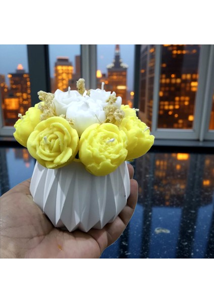 Büyük Boy Sarı–beyaz Çiçek Mum Buketi | Kaliteli Taş Tozu Vazo – Kokulu El yapımı mum seti modelleri