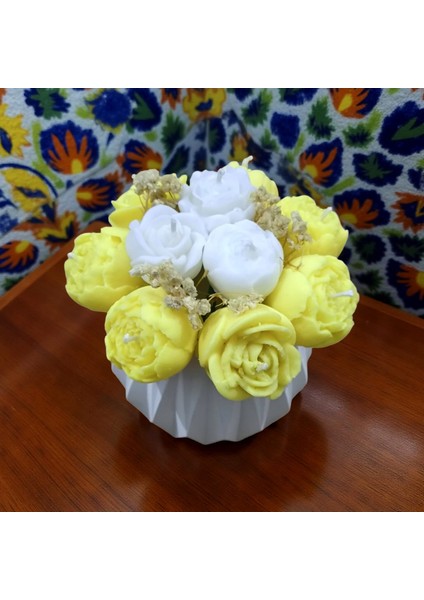 Büyük Boy Sarı–beyaz Çiçek Mum Buketi | Kaliteli Taş Tozu Vazo – Kokulu El yapımı mum seti fırsatları