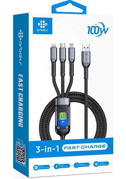 Arbaks ARB-125 3 Ü 1 Arada 100W Hızlı Şarj Kablosu - Type-C, Lightning, Micro Usb, LED Ekranlı, Örgülü Dayanıklı Tasarım
