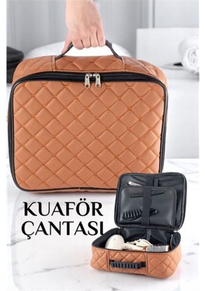 Şık Kapitone Deri Kuaför ve Makyöz Ekipman Çantası Taba