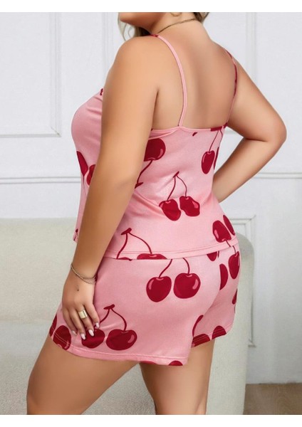 Büyük Beden Pembe Kiraz Desen Ince Askılı Pamuklu Şortlu Pijama Takımı modelleri