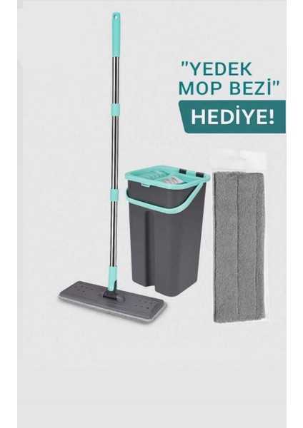 Td Home 11 Litre Temiz - Kirli Su Hazneli Mikrofiber Düz Mop Seti 360° Başlık Yedek Mop Bezli