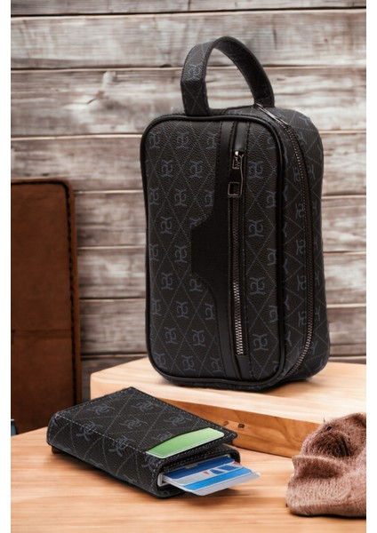 Desenli Vegan Deri Erkek El Çantası, Cüzdan ve Kartlık Seti