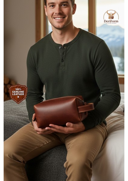 Premium Orta Beden Hakiki Deri Erkek Doppkit Tıraş ve Bakım Çantası