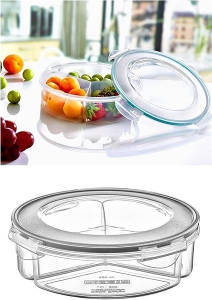 Buffer® 3 Bölmeli Sızdırmaz Contalı Kilitli Kapaklı 1,35 Litre Yuvarlak Erzak Saklama Kabı LC-500