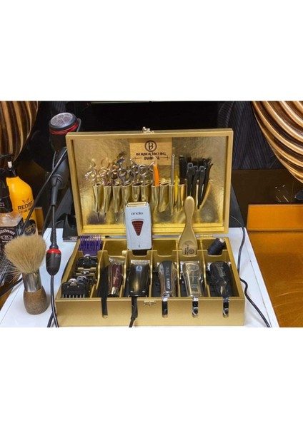 Ahşap Gold Renk Makas, Tarak ve Makina Çantası Seti