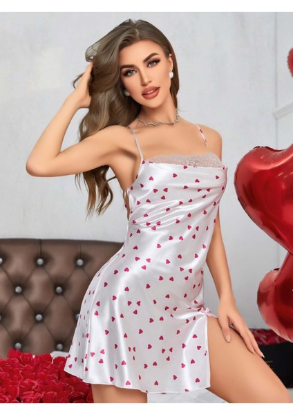 Kadın Beyaz Fuşya Kalp Desenli Saten Gecelik 2219