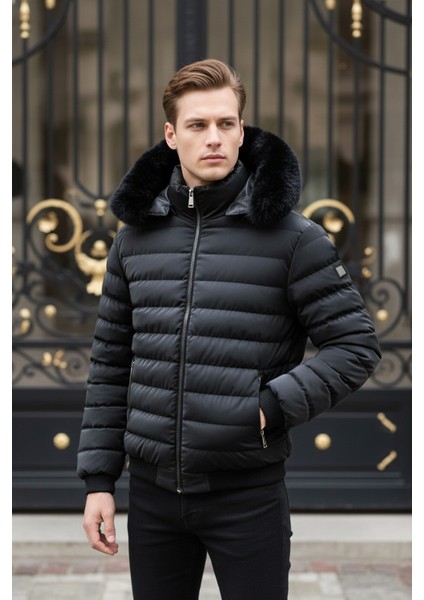Erkek Kürk Kapüşonlu Şişme Mont