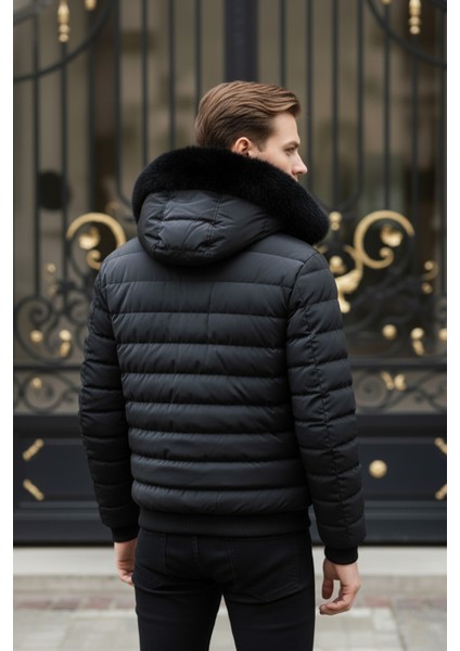 Erkek Kürk Kapüşonlu Şişme Mont