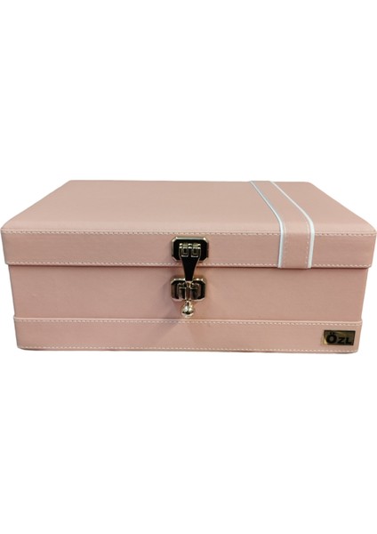 Şık Topuzlu Aynalı Deri Makyaj ve Tıraş Kutusu, Pudra Renk