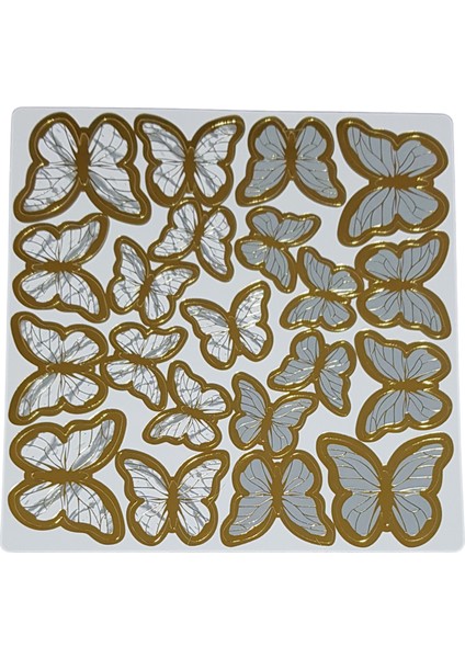 Altın Çerçeveli Gri Renkli Kağıt Kelebek Süslemeleri – 63'lü Paket