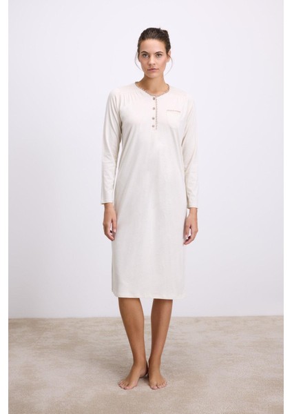 Fil Dişi Modal Uzun Kollu Düğmeli Gecelik