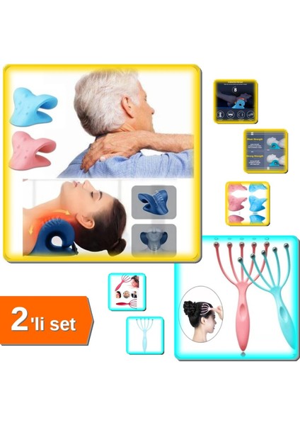 Boyun ve Omuz Rahatlatıcı Yastık + Mini Kafa Masaj Aleti, 2’li Set