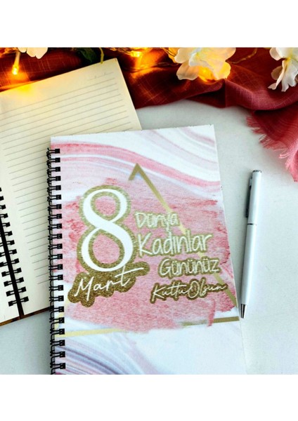 Kadınlar Günü Pembe Gold Defter Kalem Seti