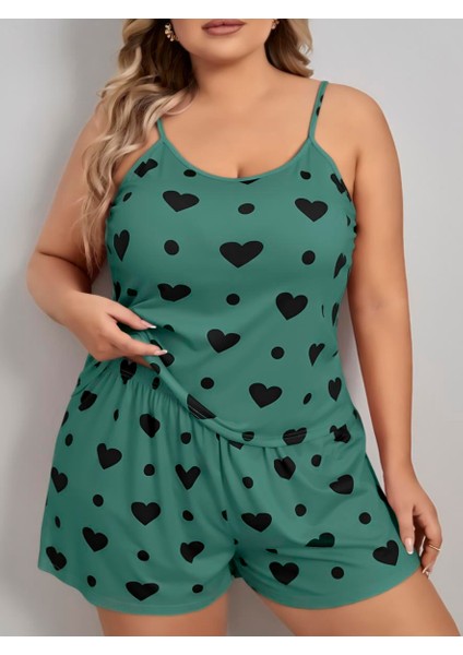 Büyük Beden Yeşil Kalp Desen Pamuklu Şortlu Pijama Takımı fiyatları
