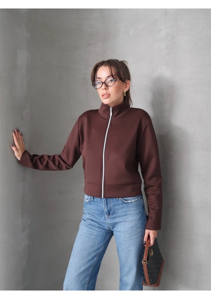 Kahverengi Scuba Fermuarlı Ceket