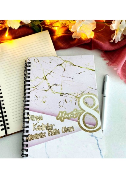 Kadınlar Günü Pembe Gold Mermer Desen Defter Kalem Seti