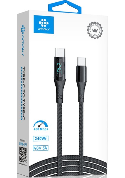 240W Type-C To Type-C Hızlı Şarj Kablosu -Dijital Göstergeli , 5A, 480 Mbps, Örgülü Dayanıklı Tasarım Arbaks ARB-127