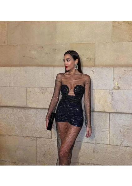 Kadın Siyah Kristal Taşlı File Elbise – Plaj ve Gece Şıklığı Için fiyatları