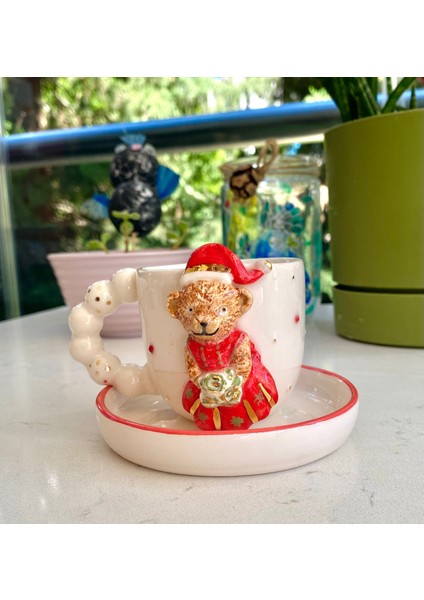 El Yapımı Seramik Gerçek 24K Altın Dekorlu Yılbaşı Gelin Teddy Türk Kahvesi Fincanı modelleri