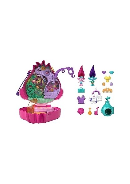 Polly Pocket &amp; Dreamworks Trolls Kompakt Oyun Seti, Poppy &amp; Branch Bebekler ve 13 Aksesuar,