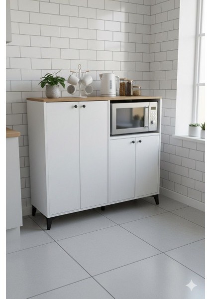 4 Kapaklı Mikrodalga Dolabı Raflı Çok Amaçlı Dolap Kahve Köşesi Dolabı