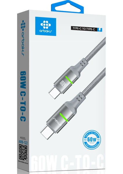 Type-C To Type-C 60W Hızlı Şarj ve Data Kablosu - Örgülü, Dayanıklı, LED Işıklı Tasarım Arbaks ARB-122