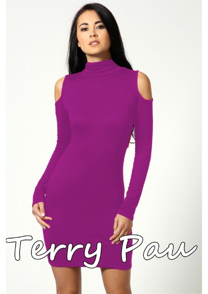 B101177 Omuzu Açık Uzun Kollu Elbise modelleri