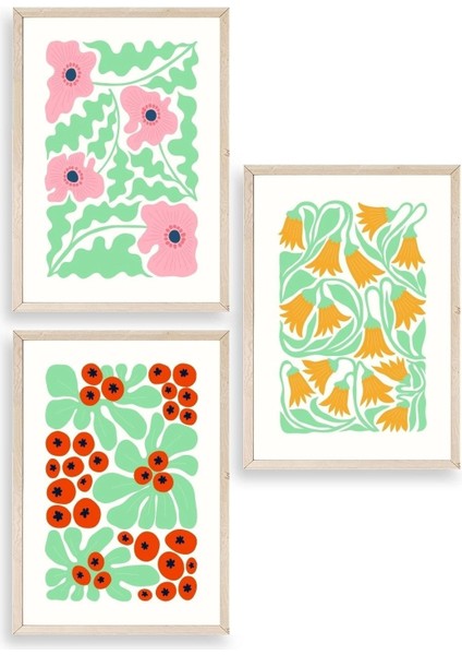 Çiçekler Üçlü Ahşap Çerçeveli Tablo