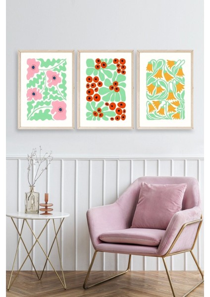 Çiçekler Üçlü Ahşap Çerçeveli Tablo fiyatları