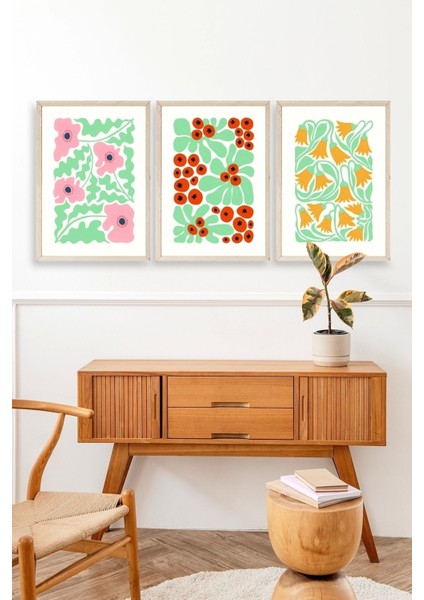 Çiçekler Üçlü Ahşap Çerçeveli Tablo modelleri