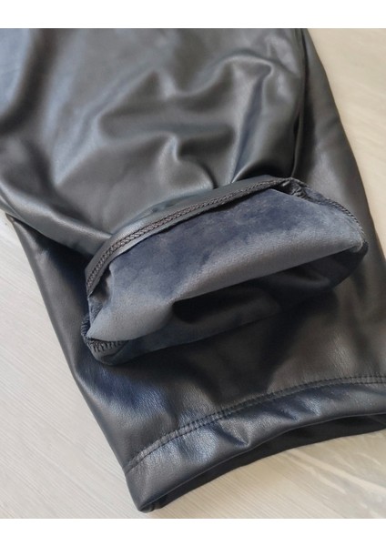 Lacivert Beli Lastikli Deri Havuç Pantolon