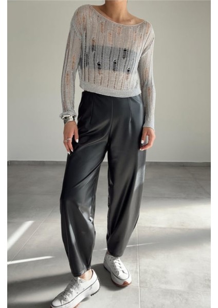 Lacivert Beli Lastikli Deri Havuç Pantolon fiyatları