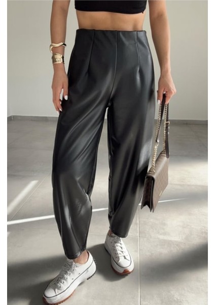 Lacivert Beli Lastikli Deri Havuç Pantolon modelleri