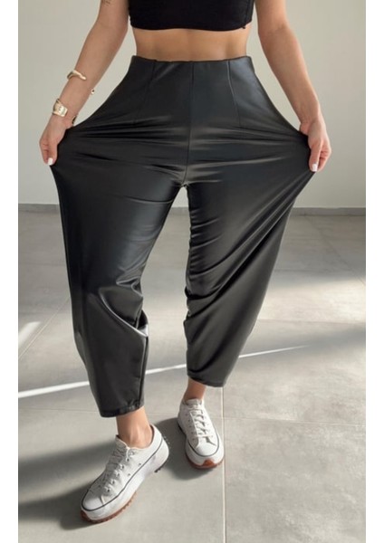 Lacivert Beli Lastikli Deri Havuç Pantolon indirimleri