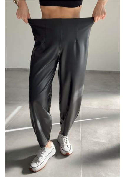 Lacivert Beli Lastikli Deri Havuç Pantolon