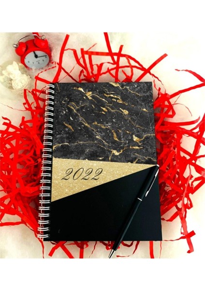 2022 Yılı Mermer Desen Ahşap Defter Kalem - Siyah
