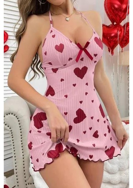 Kadın Pembe Kırmızı Kalp Desenli Askılı Sırt Dekolteli Elbise 5064 fırsatları