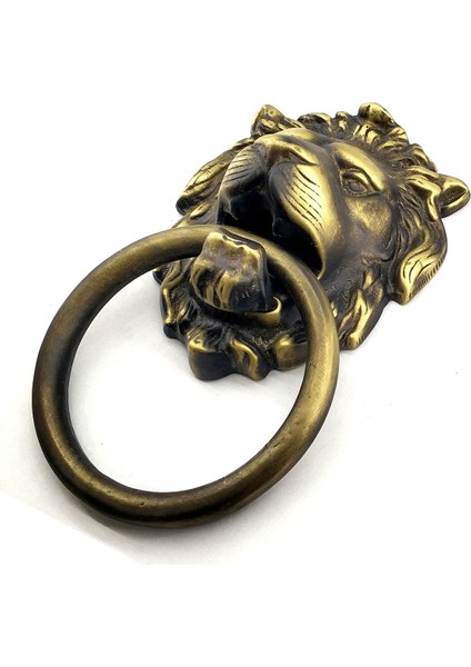 Antika Tarz Dekoratif Pirinç Aslan Kapı Tokmağı, Taktak - 102X130 Mm, Antik