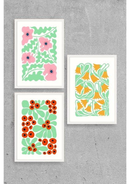 Çiçekler Üçlü Ahşap Çerçeveli Tablo