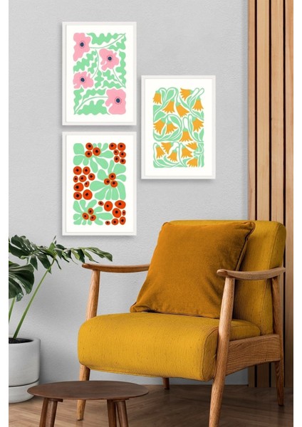 Çiçekler Üçlü Ahşap Çerçeveli Tablo modelleri