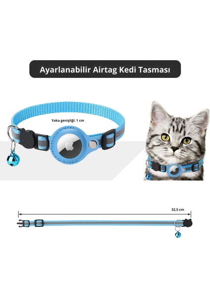 Etashop Airtag Uyumlu Reflektif Kedi Tasması Zilli Ayarlanabilir Kedi Boyun Tasması 22-32 cm Mavi