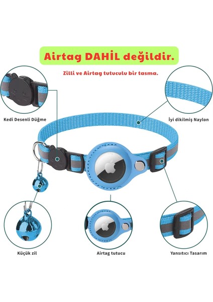 Etashop Airtag Uyumlu Reflektif Kedi Tasması Zilli Ayarlanabilir Kedi Boyun Tasması 22-32 cm Mavi fiyatları