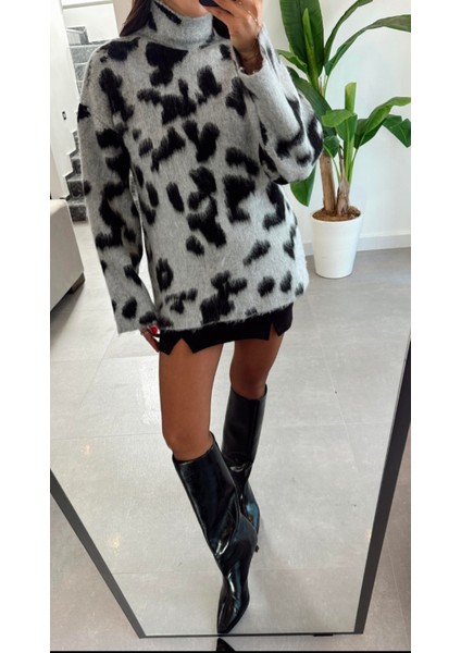 Gri Dik Yaka Ispanyol Kol Leopar Desenli Kazak fiyatları