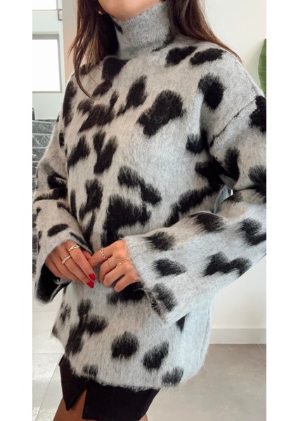 Gri Dik Yaka Ispanyol Kol Leopar Desenli Kazak modelleri