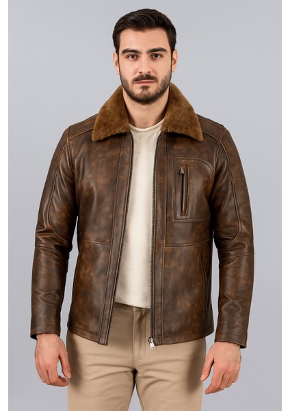Carlos Hakiki Deri Erkek Vintage Seyyar Kürk Yaka Mont