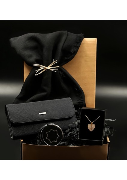 Siyah Ayna Kanat Kalp Kolye ve Kadın Cüzdanı Hediye Seti